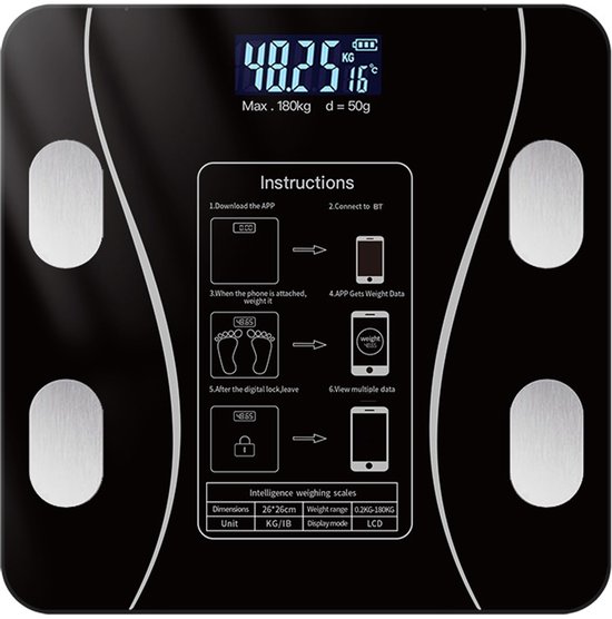 Intelligente Waage Mit Körperanalyse – Misst Bmi, Fett- Und Muskelmasse – Usb-aufladbar – Bis 180 Kg – Schwarz