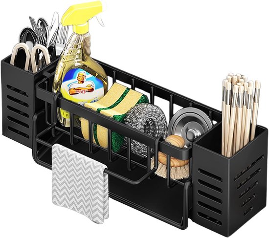 Küchenschwammhalter – Spülbecken-organizer – Küchenorganisation – Automatischer Abfluss – 23 X 11 X 9 Cm – Schwarz