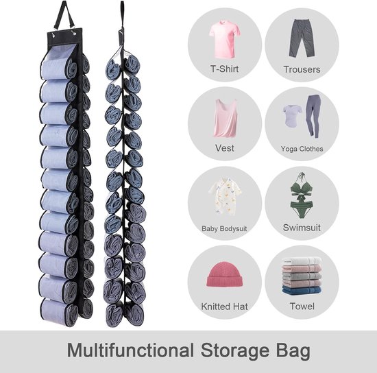 Faltbarer Hänge-kleiderschrank Mit 24 Gerollten Taschen, Schwarz, Für Yogakleidung, Hosen Und Hemden