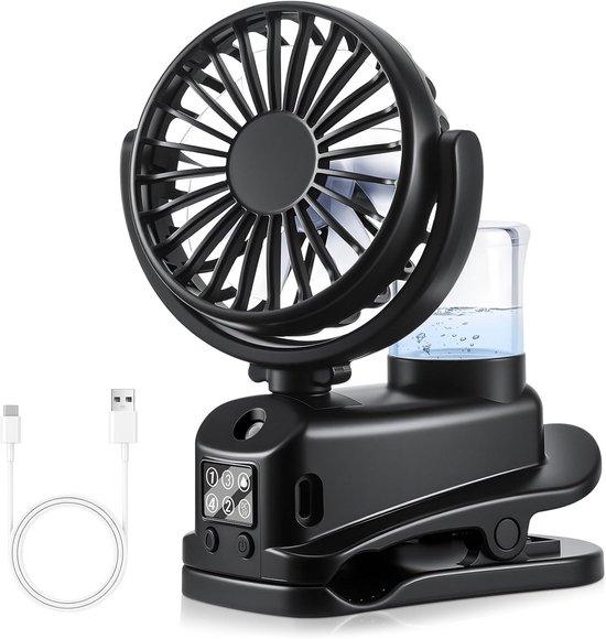 Mini-clipventilator – Wassersprühfunktion, 4 Geschwindigkeitsstufen, Led-anzeige, 1200 Mah, Für Zelt, Büro Und Unterwegs – Schwarz
