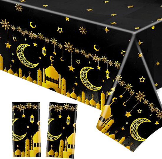 Howaf 2 Festliche Tischdecke Für Eid Und Ramadan，eid Mubarak Tischdecke，schwarz-gold