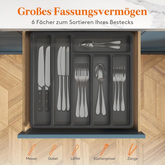 Besteckkasten Mit Deckel，für Küchenschublade Und Arbeitsplatte，kunststoff，geeignet Für Löffel，6 Fächer，32,5 × 30,5 × 5,5 Cm，schwarz