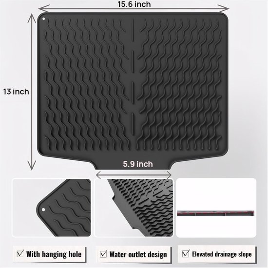 Spülbeckenmatte，silikon-abtropfmatte Mit Tropfkante，40 X 33 Cm，schnelltrocknend Und Selbstentleerend，geschirrabtropfmatte，schwarz