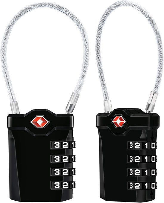 Tsa – [2er-set] 4-stellige Zahlenschlösser – Kofferschloss Mit 14 Cm Kabel – Gepäckschloss Für Koffer, Taschen Usw. (schwarz)