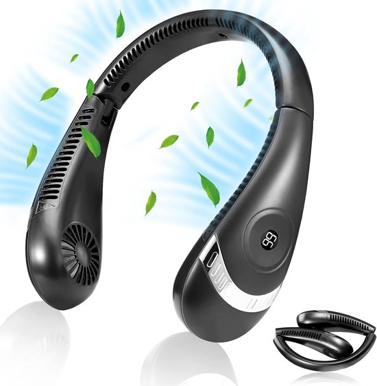 Tragbarer Nackenventilator，usb-nackenventilator Mit 5000 Mah Akku，faltbares Kopfhörer-design Mit Led-akkustandsanzeige Für Reisen，schwarz