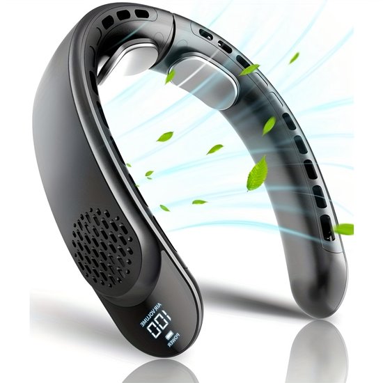 Wiederaufladbarer Nackenventilator Mit Led-anzeige，3 Geschwindigkeitsstufen，360°-kühlung，tragbarer Usb-c-reiseventilator，4000-mah-akku，schwarz