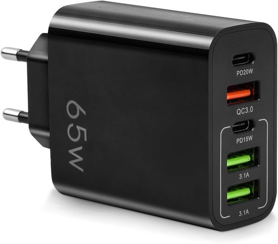 65-w-usb-c-schnellladegerät，5-fach-netzteil Mit 2 Usb-c，xiaomi Und Huawei. Farbe: Schwarz