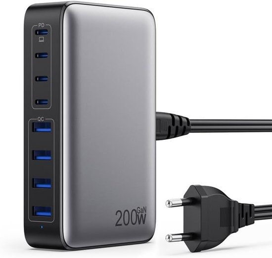 200-w-usb-c-schnellladegerät – Gan Iii – 8 Anschlüsse – Schwarz/grau