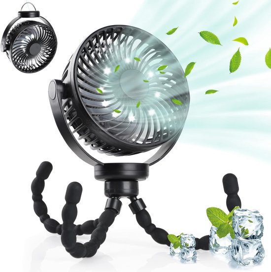Kinderwagenventilator Mit Led-beleuchtung，5200 Mah Akku，kleiner Tischventilator Für Camping，ventilator Mit Aufhängehaken，360° Drehbar，schwarz