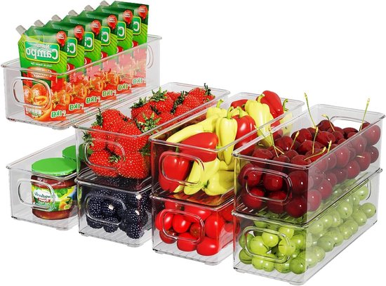 Set Mit 8 Stapelbaren Kühlschrank-organizern，transparente Aufbewahrungsboxen Mit Griff Für Die Küche，freistehend Und Bpa-frei