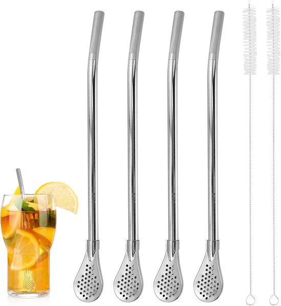 Set Mit 4 Abnehmbaren Edelstahl-teelöffeln Mit Filter Und 2 Reinigungsbürsten，edelstahl，silber