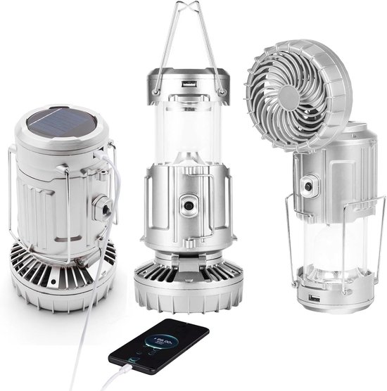 Campinglaterne Mit Ventilator，faltbare Taschenlampe/laterne，usb-aufladbar，solar- Und Batteriebetrieben，wiederaufladbare Notleuchte (silber)