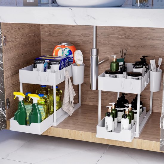Ablage Für Unter Die Spüle – 2-stufiger Küchenorganizer – Mit Auszugsschublade – Multifunktional – Für Badezimmerablage – Waschküche – Weiß