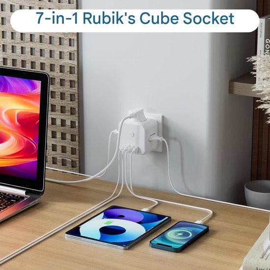 Steckdosenverteiler，7-in-1-steckdosenadapter Mit Usb-c，kabelloser Steckdosenwürfel，kabellose Steckdosenleiste，weiß