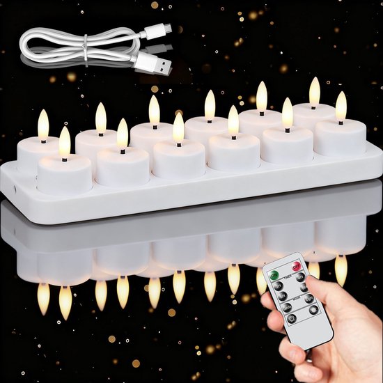 12 Wiederaufladbare Led-teelichter Mit Ladestation Und Usb-kabel – Flackernde Elektrische Kerzen Mit Fernbedienung – Timer – Dimmbar – Warmweiß