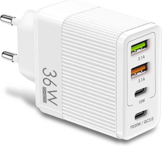 Premium-ladegerät Mit 4 Anschlüssen，2 Usb Und 2 Usb-c，35 Watt，für Smartphones Und Andere Geräte，weiß