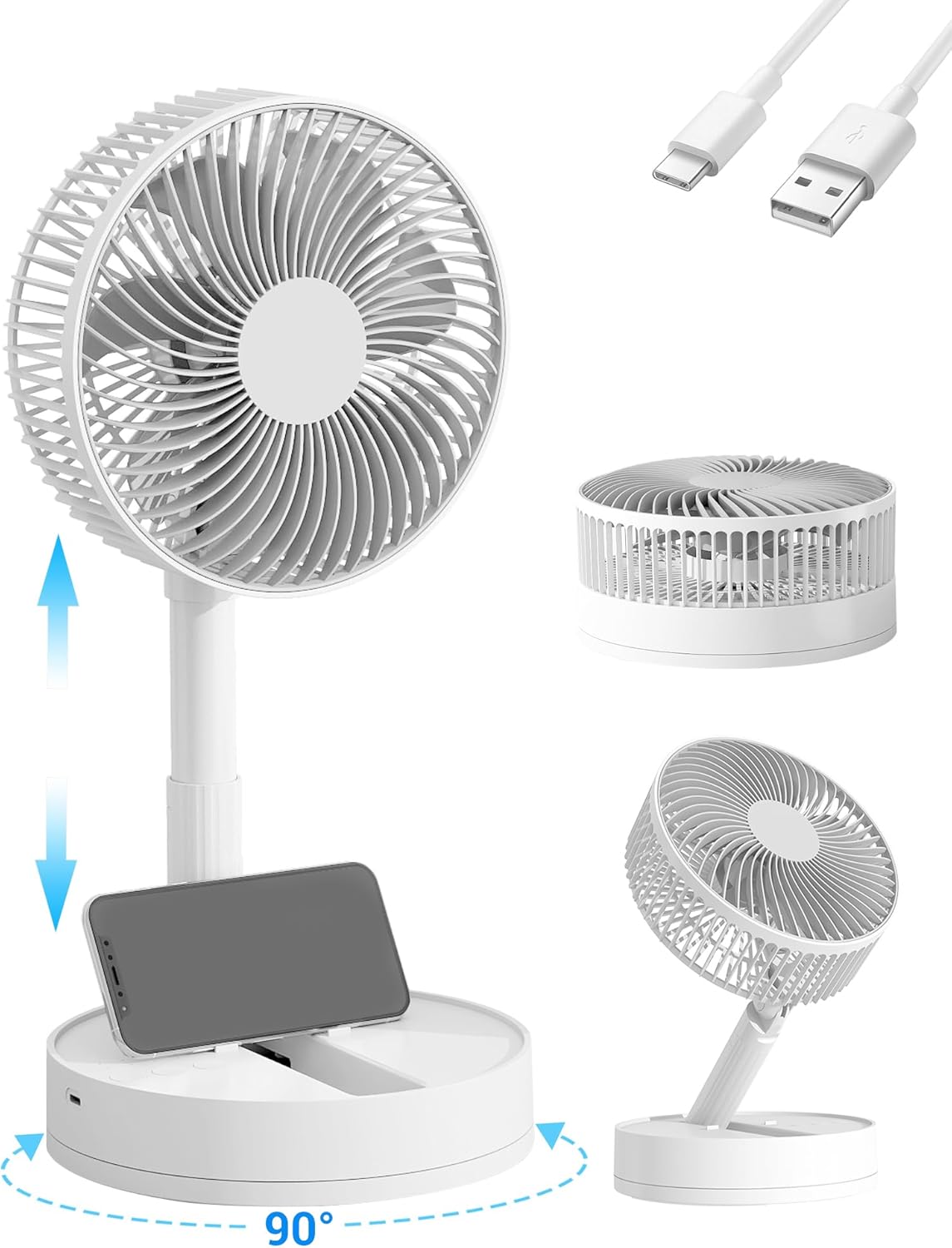 8-zoll-tischventilator – Wiederaufladbar – 4 Geschwindigkeitsstufen – 8-stunden-timer – 90° Drehbar – 24-stunden-betrieb – Weiß