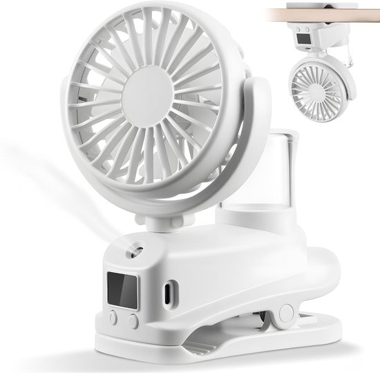 Mini-ventilator Mit Clip Und Led-anzeige，4 Geschwindigkeitsstufen，usb-anschluss，ideal Für Unterwegs，im Büro Oder Beim Camping，weiß