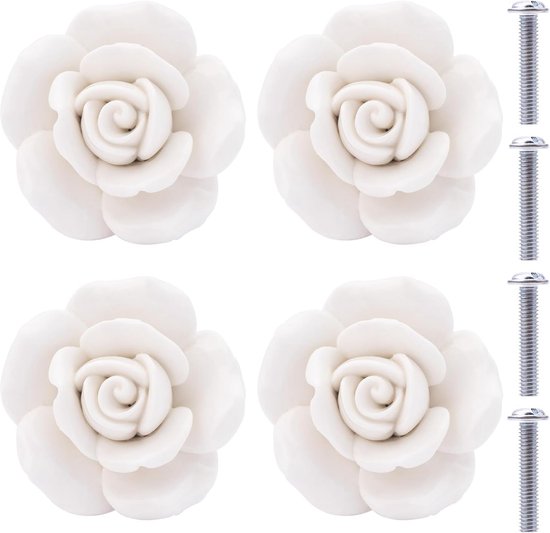 Griffe，4 Stück，schubladenknöpfe In Blumenform，geeignet Für Schrank- Und Kommodentüren，41 × 34 Mm，weiß