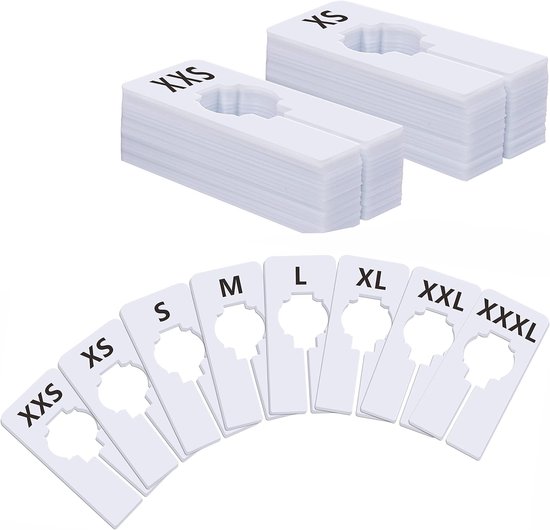 40 Rechteckige, Weiße Kunststoff-messscheiben Für Kleiderständer – 8 Vorgedruckte Größen (xxs–xxxl), Innendurchmesser 3,5 Cm