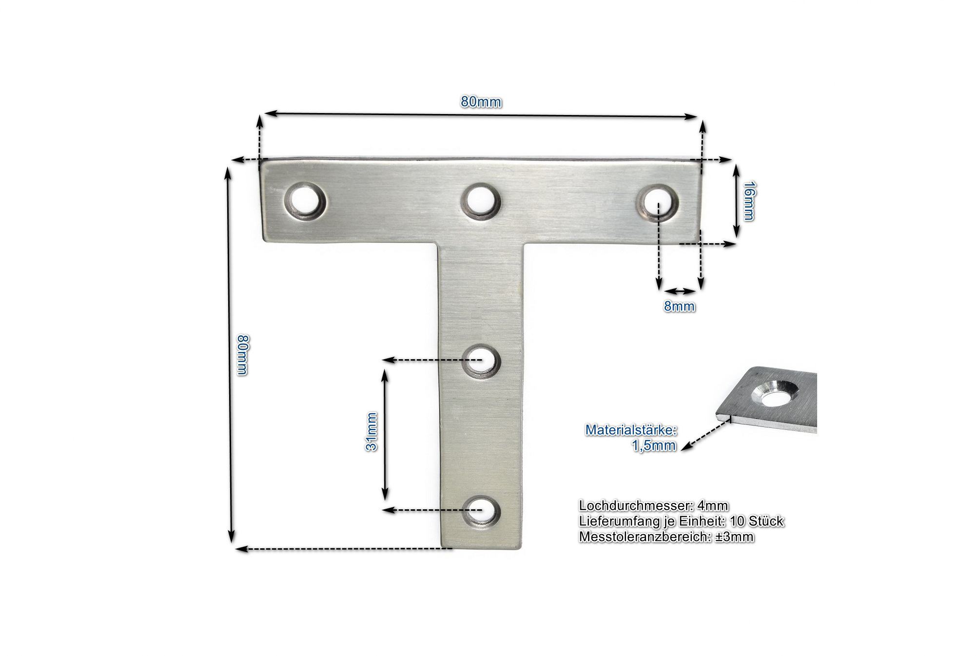 Edelstahl T-verbinder 80 X 80 X 16 Mm Ve 10 Stück