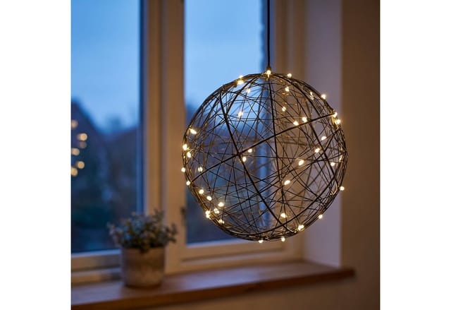 Relaxdays Led Dekokugel, Batteriebetrieben, Drahtkugel, Hängen & Stellen, Langes Kabel, Leuchtkugel, Ø 30cm, Schwarz