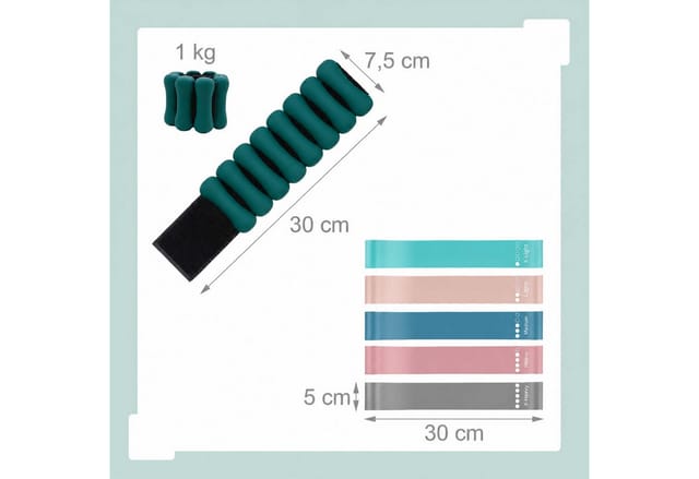 Relaxdays Pilates Set, 13-teilig, Ring, Ball, 6 Widerstandsbänder, Gewichtsmanschetten, Pilateszubehör Zuhause, Grün
