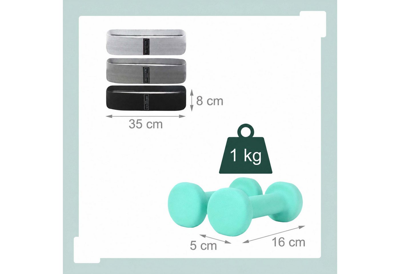 Relaxdays Pilates Set, 11-teilig, Ring, Ball, 4 Widerstandsbänder, 2 Hanteln, Tasche, Pilateszubehör Für Zuhause, Grün