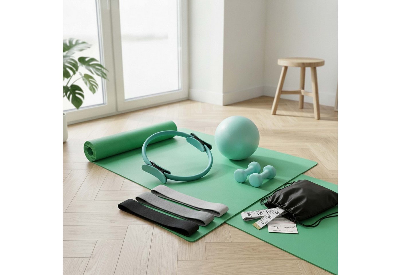 Relaxdays Pilates Set, 11-teilig, Ring, Ball, 4 Widerstandsbänder, 2 Hanteln, Tasche, Pilateszubehör Für Zuhause, Grün Bild 2