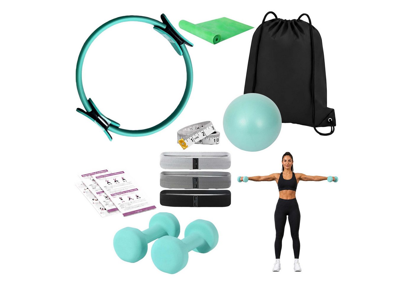 Relaxdays Pilates Set, 11-teilig, Ring, Ball, 4 Widerstandsbänder, 2 Hanteln, Tasche, Pilateszubehör Für Zuhause, Grün Bild 3
