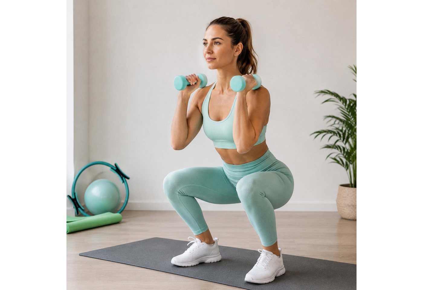 Relaxdays Pilates Set, 11-teilig, Ring, Ball, 4 Widerstandsbänder, 2 Hanteln, Tasche, Pilateszubehör Für Zuhause, Grün Bild 4
