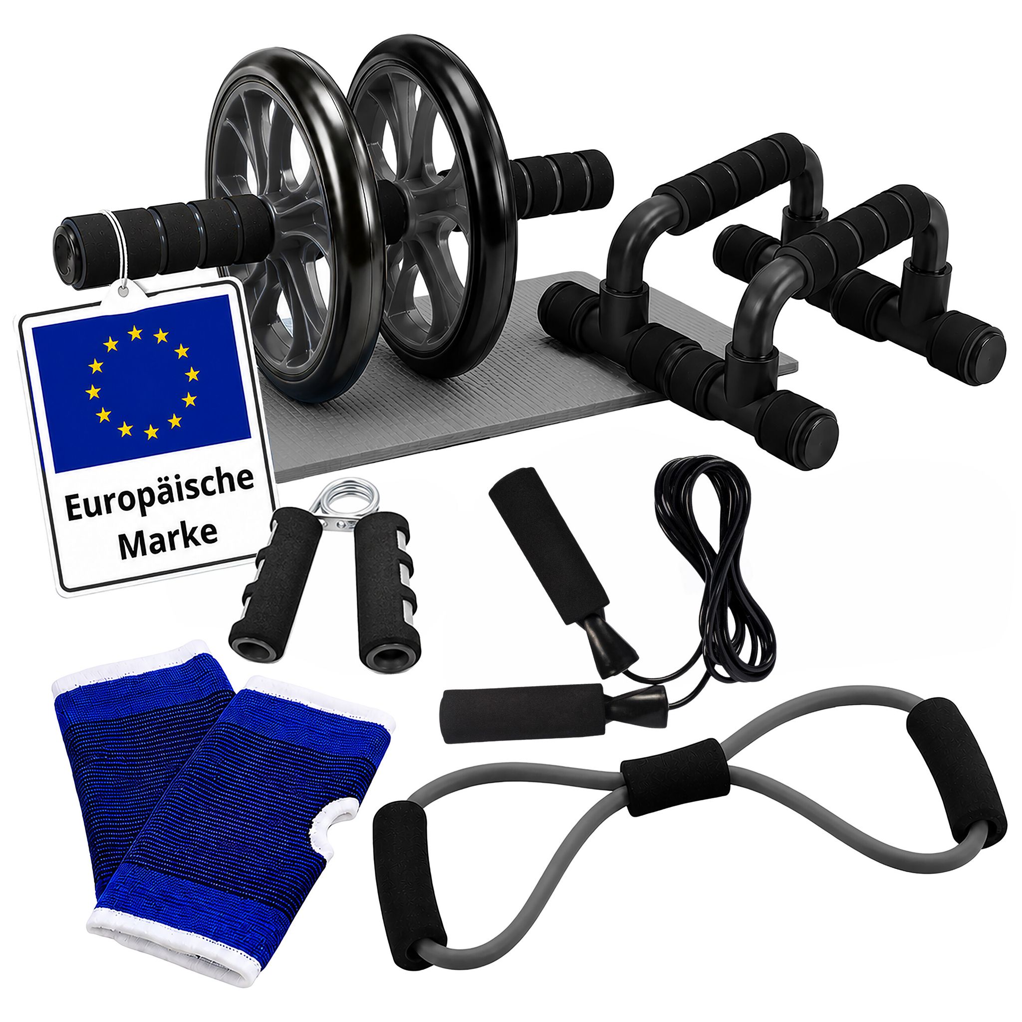 Relaxdays Fitness Set, 9-tlg., Bauchroller, Liegestützgriffe, Handtrainer, Springseil, Fitnessband, Kniematte, Schwarz
