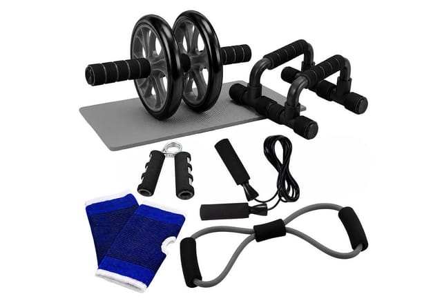Relaxdays Fitness Set, 9-tlg., Bauchroller, Liegestützgriffe, Handtrainer, Springseil, Fitnessband, Kniematte, Schwarz
