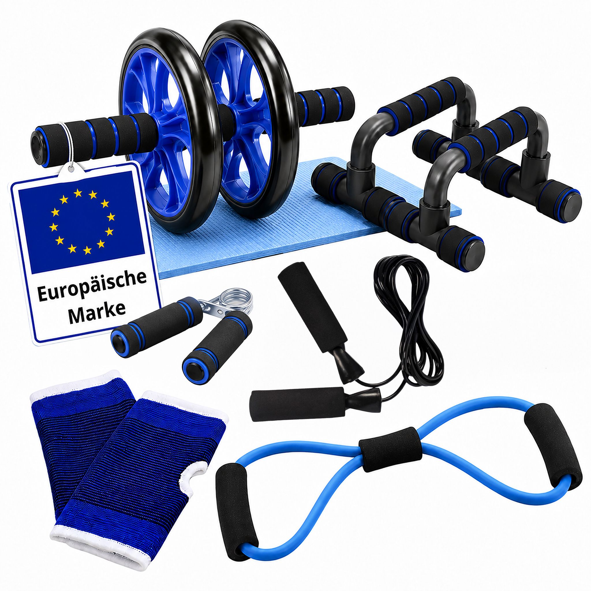 Relaxdays Fitness Set, 9-tlg., Bauchroller, Liegestützgriffe, Handtrainer, Springseil, Fitnessband, Kniematte, Blau