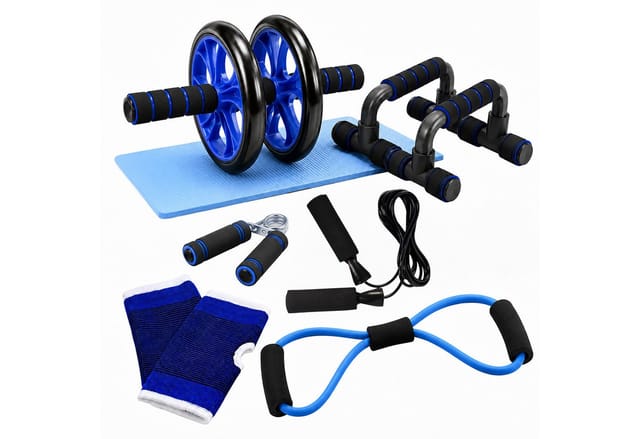 Relaxdays Fitness Set, 9-tlg., Bauchroller, Liegestützgriffe, Handtrainer, Springseil, Fitnessband, Kniematte, Blau