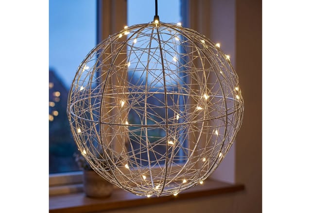 Relaxdays Led Dekokugel, Batteriebetrieben, Drahtkugel, Hängen & Stellen, Langes Kabel, Leuchtkugel, Ø 30 Cm, Silber