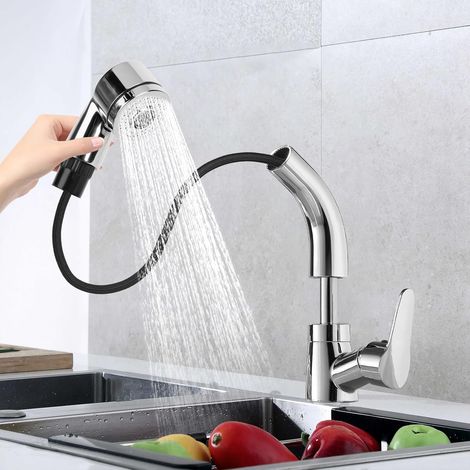 Küchenarmatur Mit Ausziehbrause, 2 Strahlarten, 360° Schwenkbarer Spültisch- Oder Waschbeckenarmatur, Warm- Und Kaltwasseranschluss, Silber