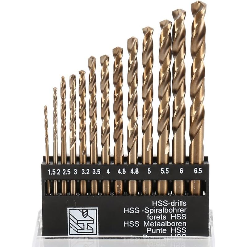 Set Mit 13 Hss M35 Spiralbohrern Aus Hochleistungsschnellstahl Mit Titanbeschichtung, Extrem Hitzebeständig, Mit Geradem Schaft Von 1,5 Mm Bis 6,5 Mm Zum Bohren In Holz