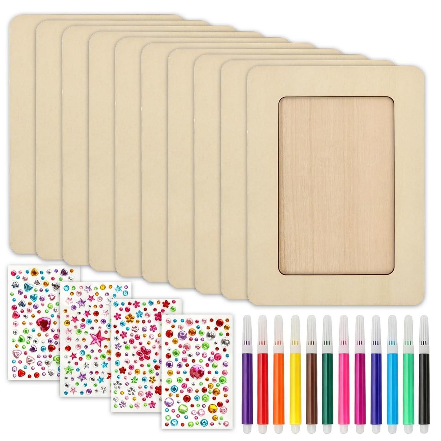 10er Set Holz Bilderrahmen Zum Bemalen Mit Stiften & Stickern