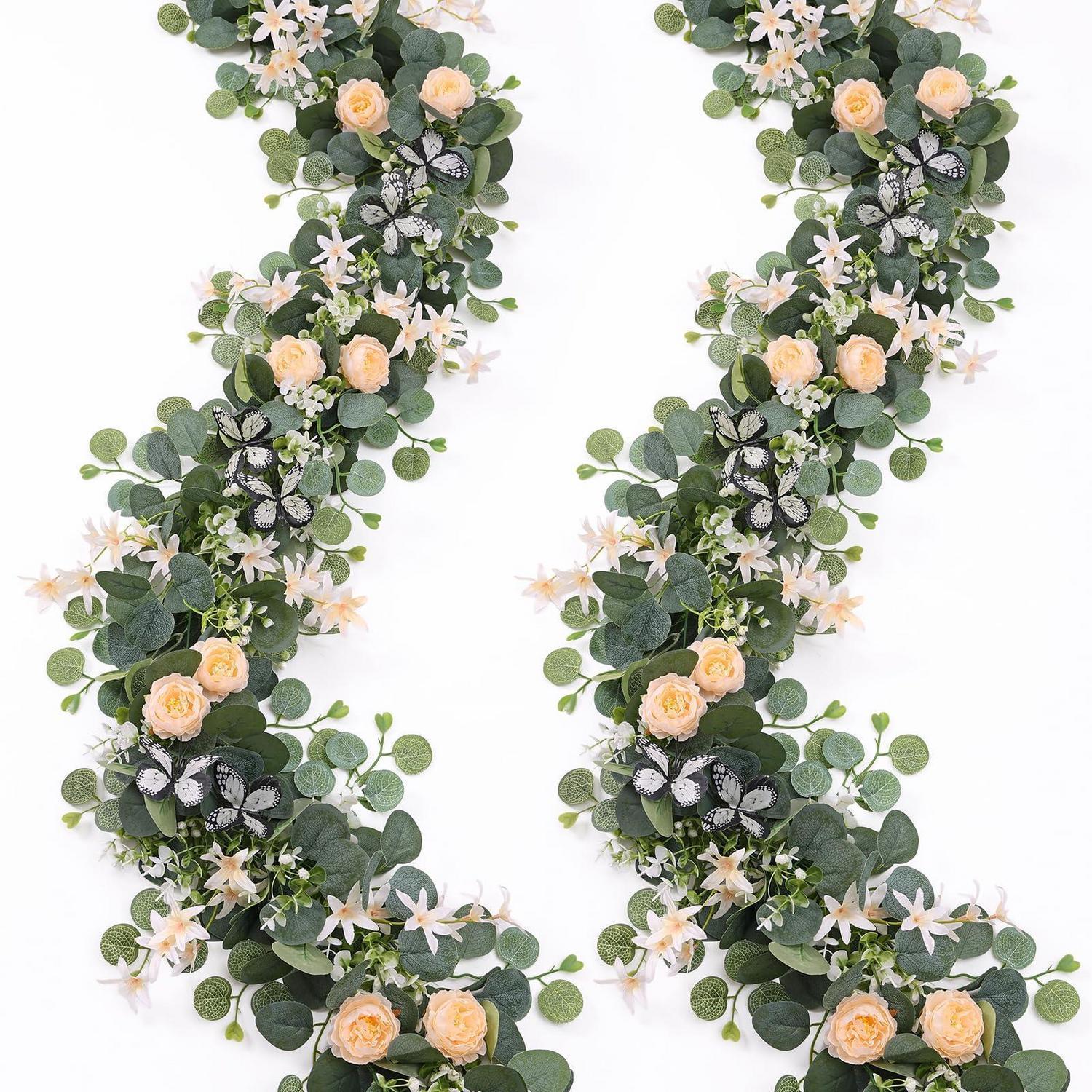 2x Künstliche Blumengirlande Eukalyptus 2m Champagner Mit Schmetterlingen