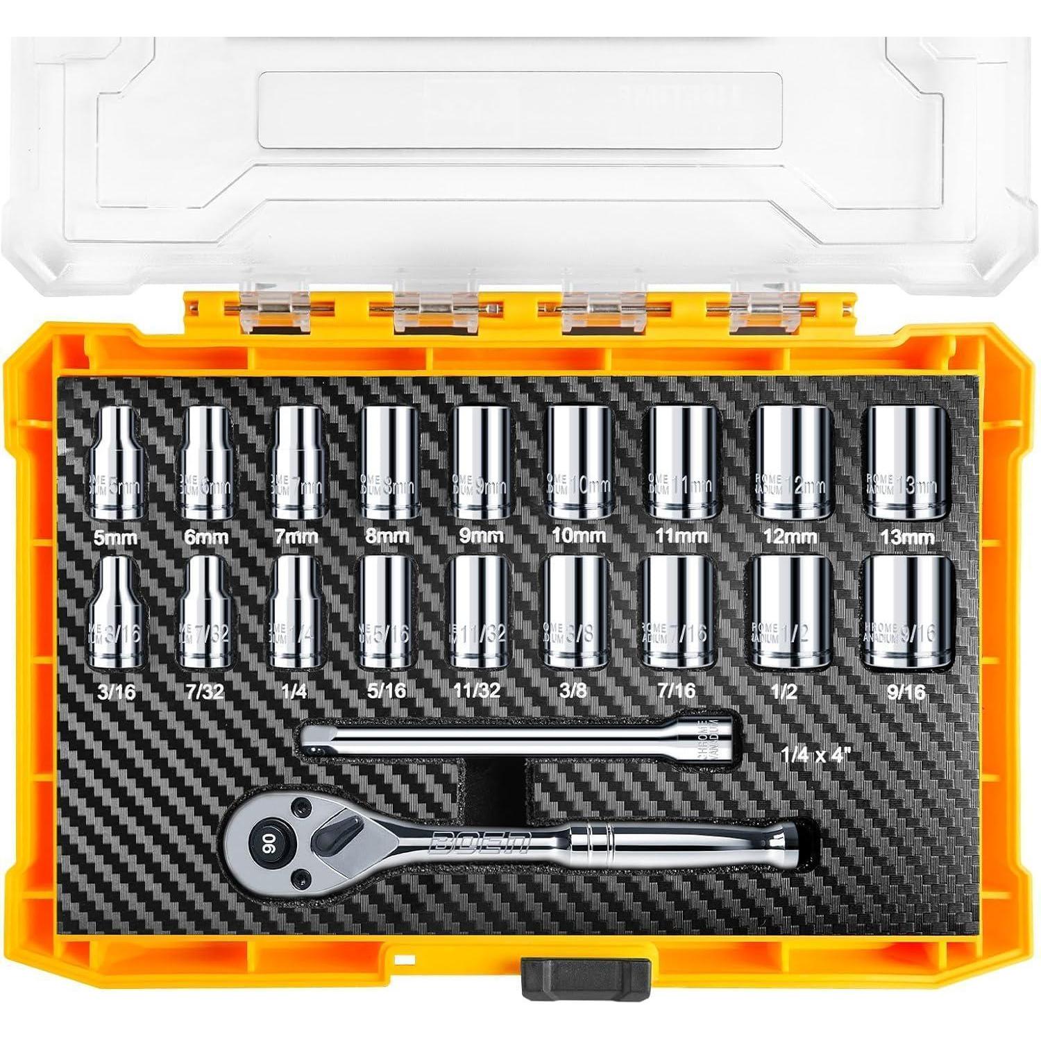 20-tlg Steckschlüssel-set 1/4" Mit 90-zahn-ratsche, Sae & Metrisch, Chrom-vanadium-stahl, Aufbewahrungsbox