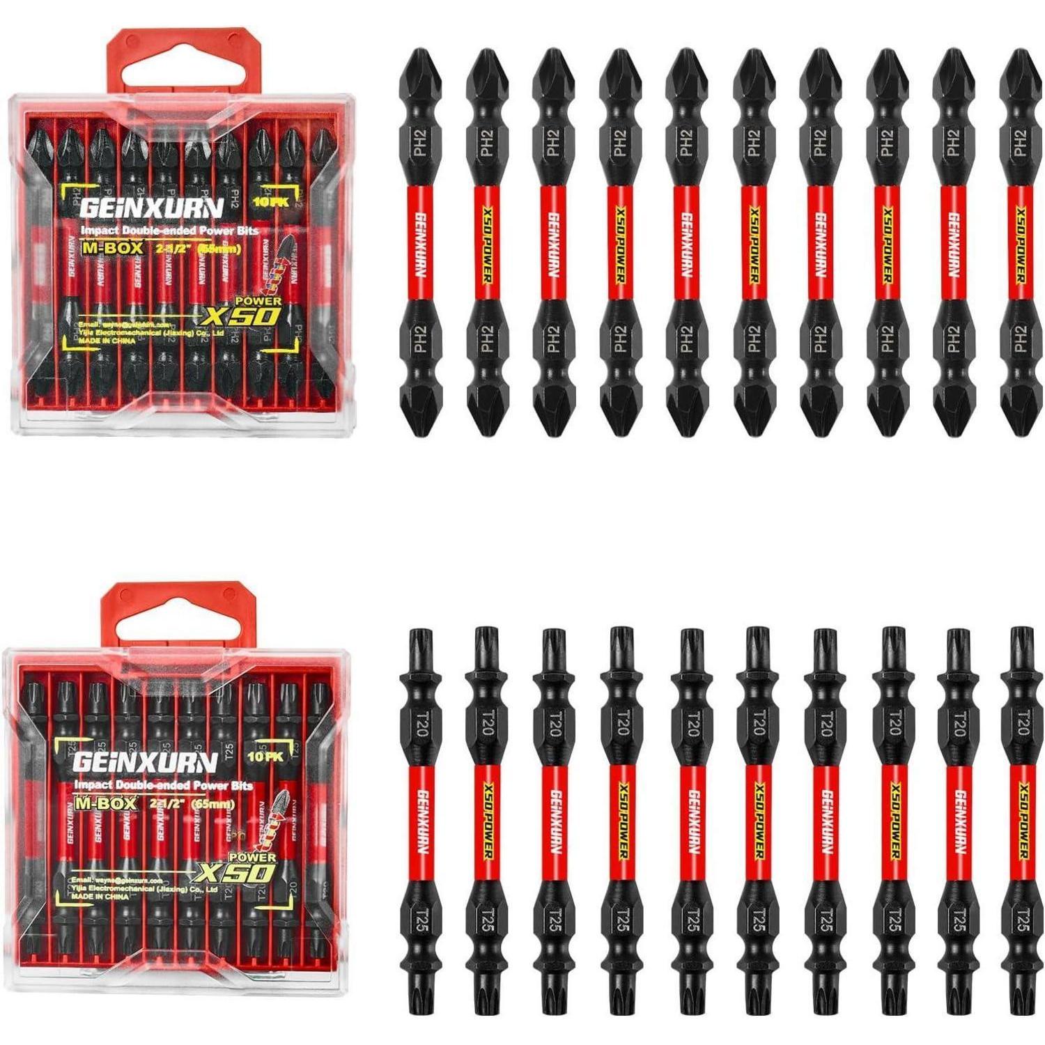 20tlg. Schlagfeste Doppelbit-sets T20/t25 & Ph2, 65mm, S2-stahl, Magnetisch