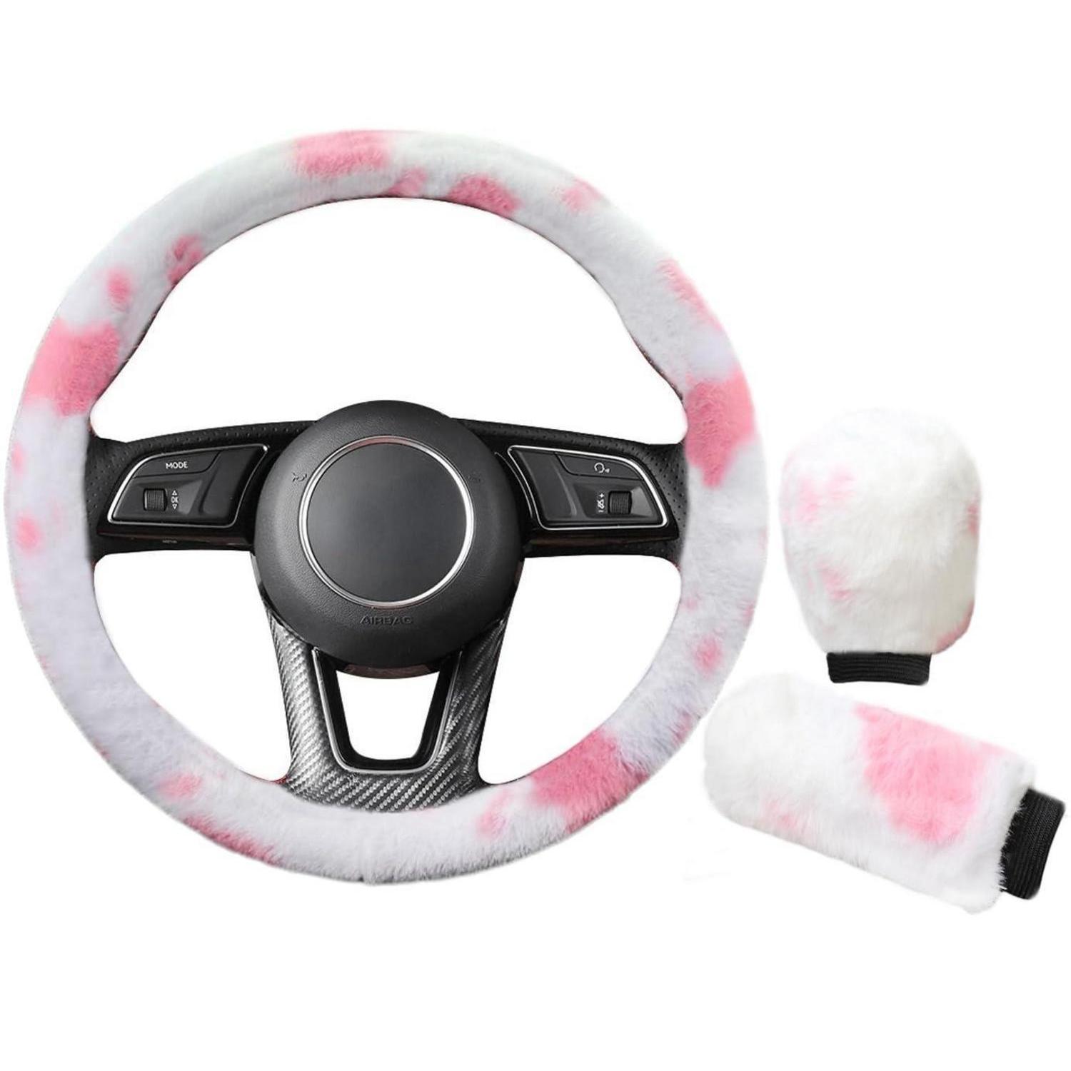 3-teiliges Plüsch-lenkradbezug-set Kuhmuster Rosa