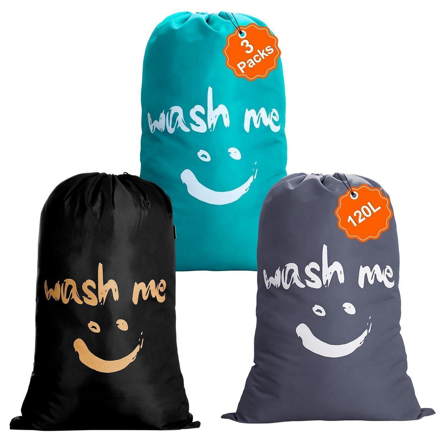 3er Pack Wäschesäcke 120l, Faltbar, Staubdicht, Mit Kordelzug, Blau/dunkelgrau/schwarz