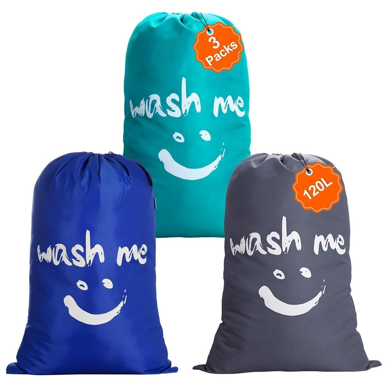 3er Set Wäschesäcke 120l Mit Kordelzug, Staubdicht, Nylon, Blau/dunkelgrau/marineblau