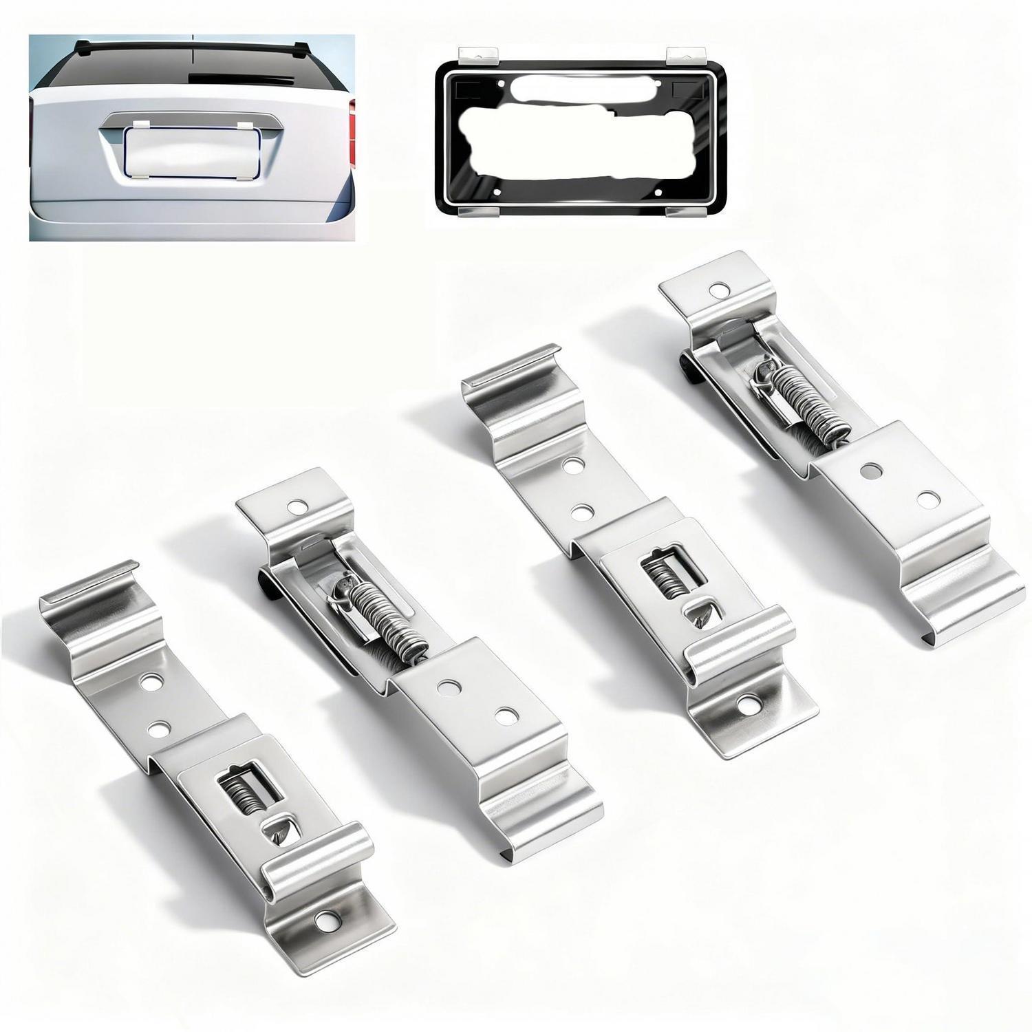 4x Kennzeichenhalter Edelstahl Mit Feder, Rahmenlos, Universell Für Auto & Motorrad