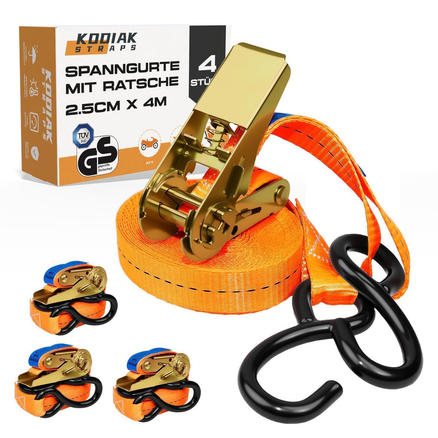 4er Pack Spanngurte 4m Mit Ratsche Und S-haken, 25mm, 800kg, Tüv/gs Geprüft