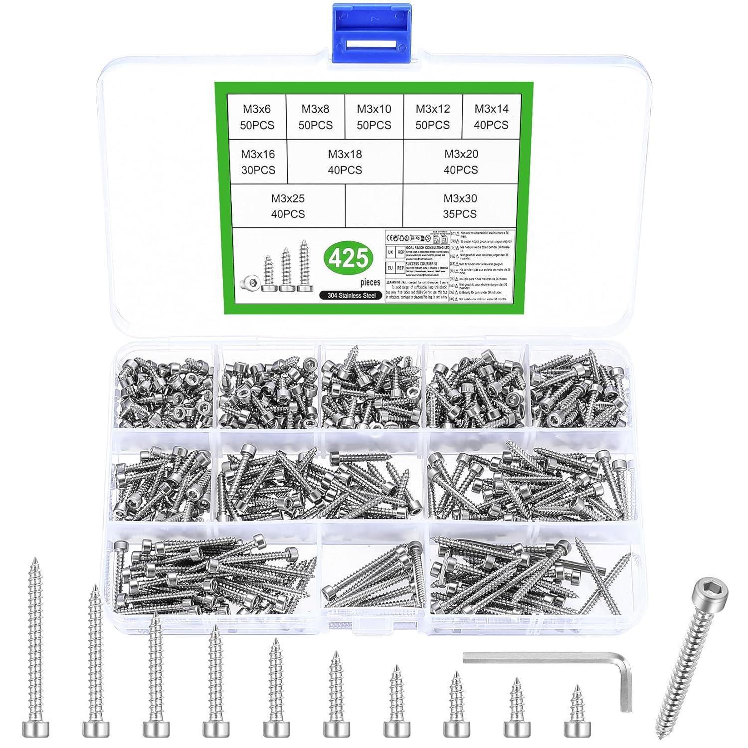 425tlg M3 Edelstahl Blechschrauben Set Mit Innensechskant Zylinderkopfschrauben