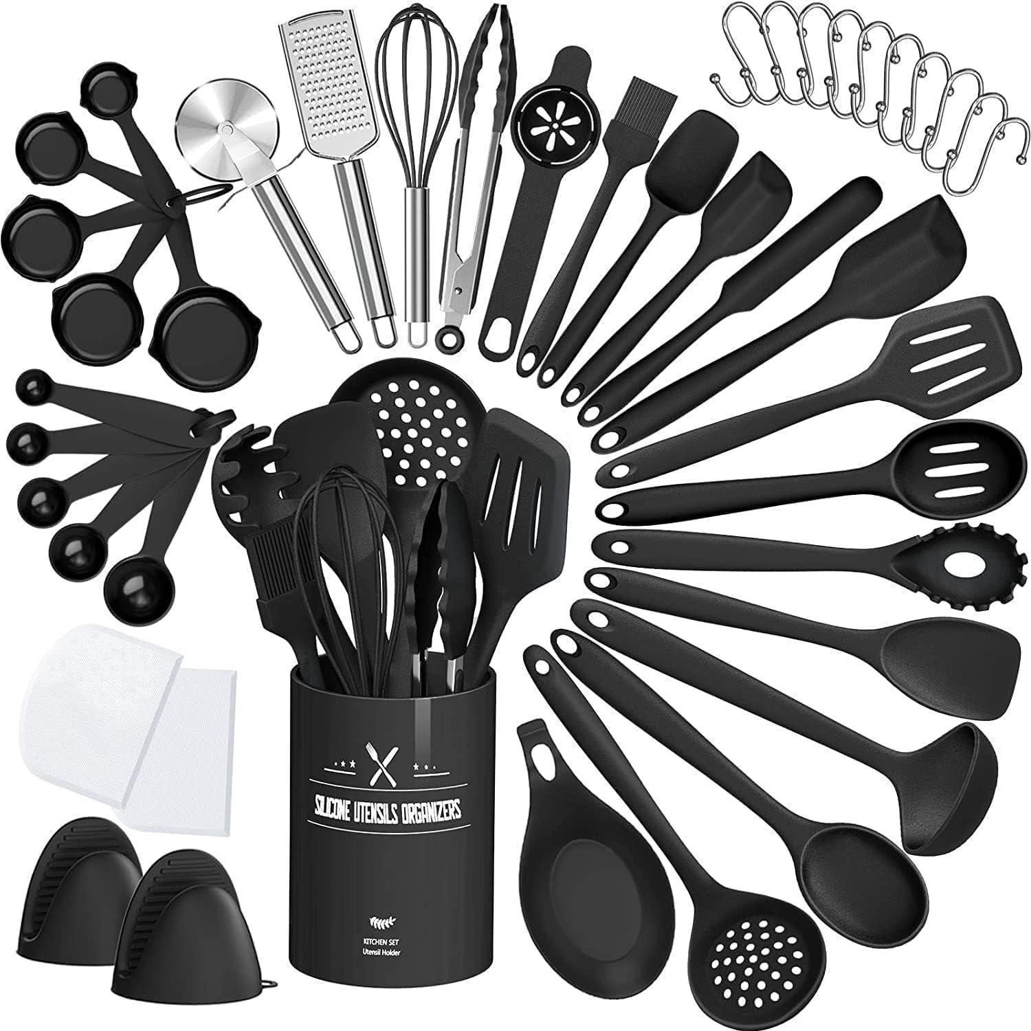 43-teiliges Küchenhelfer Set Aus Silikon, Hitzebeständig, Mit Halter, Schwarz