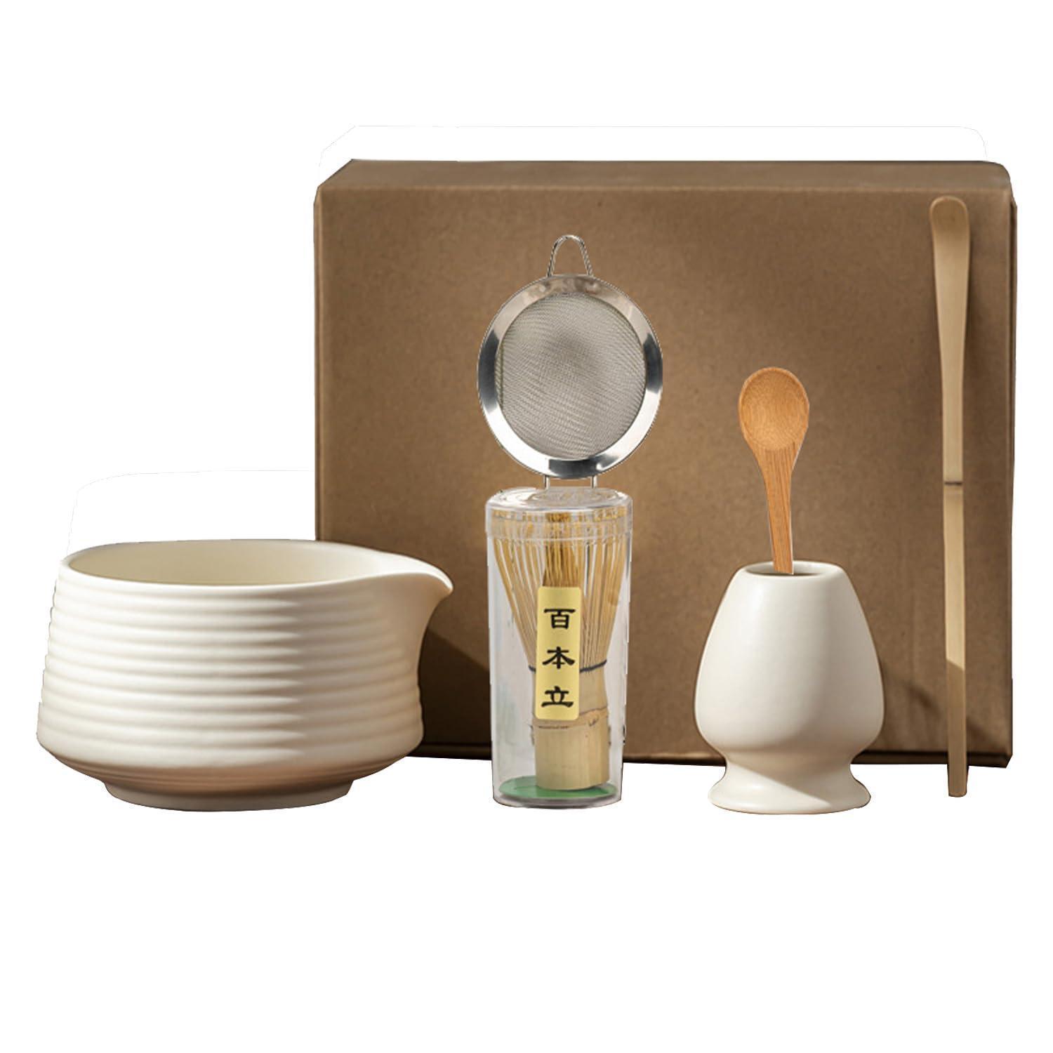 Matcha Tee Set 6-teilig Beige Weiß Mit Schale, Besen Und Löffel
